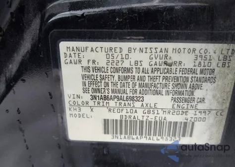 2010 Nissan Sentra 2.0S из США, поврежденный, VIN 3N1AB6AP9AL698323